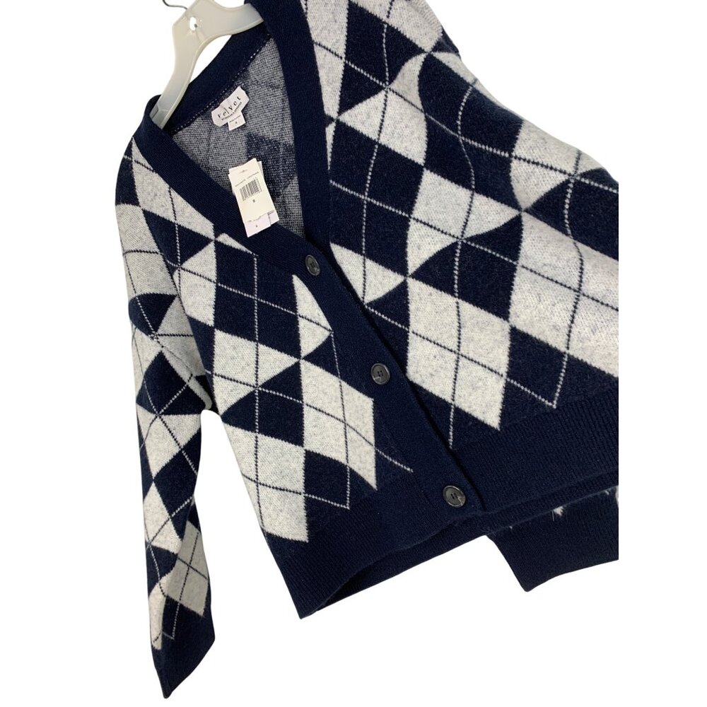 Velvet Graham & Spencer Argyle Navy Grandpa Crop Cardigan Sweater S RM10202 NWT - Picture 3 of 10